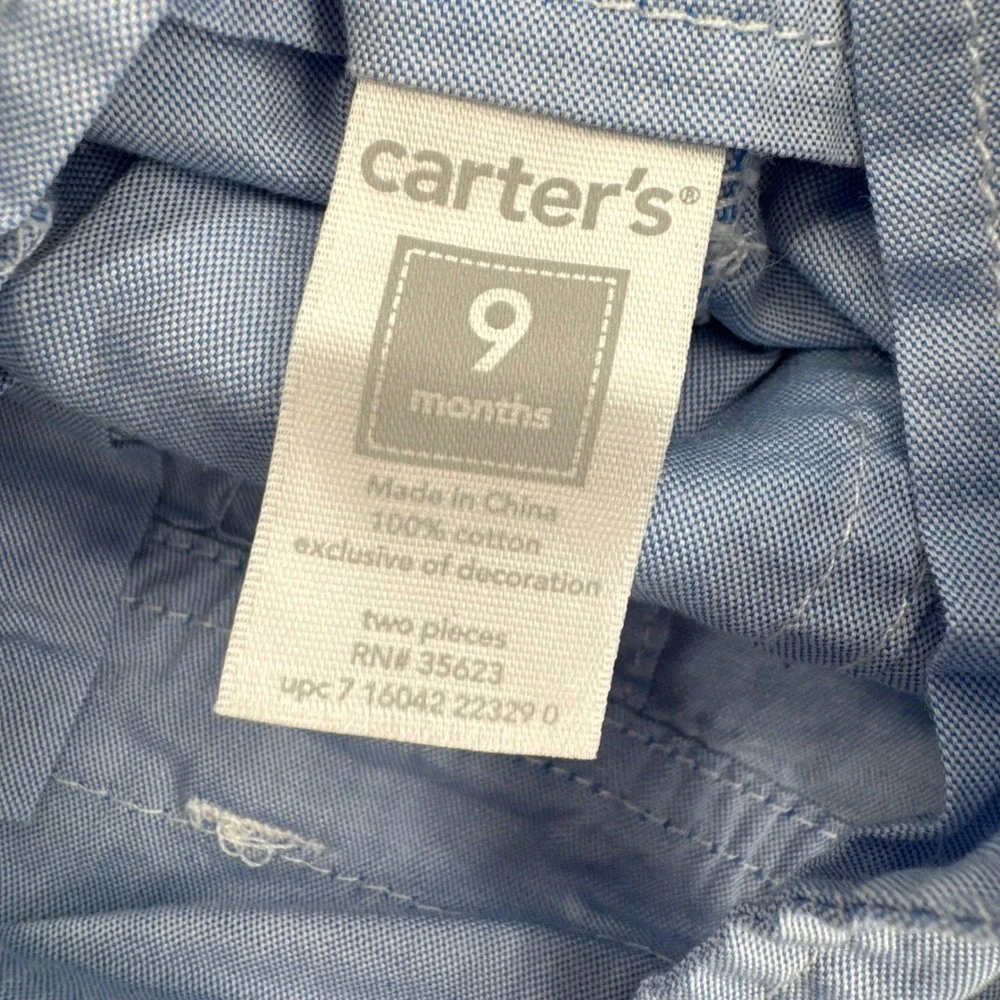 Carter's Baby Shortalls Size 9 Months Blue Chambray Frog Retro Romper Overalls